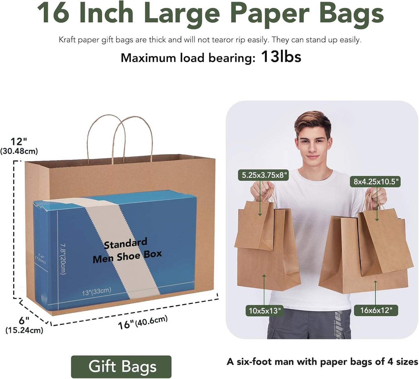 GSSUSA 16x6x12 Large Paper Bags with Handles 200Pcs, Valentine's Day Gift Bag, Bags for Small Business Bulk, Brown Paper Shopping Bag for Boutique, Clothing, Grocery, Food Service Take Out