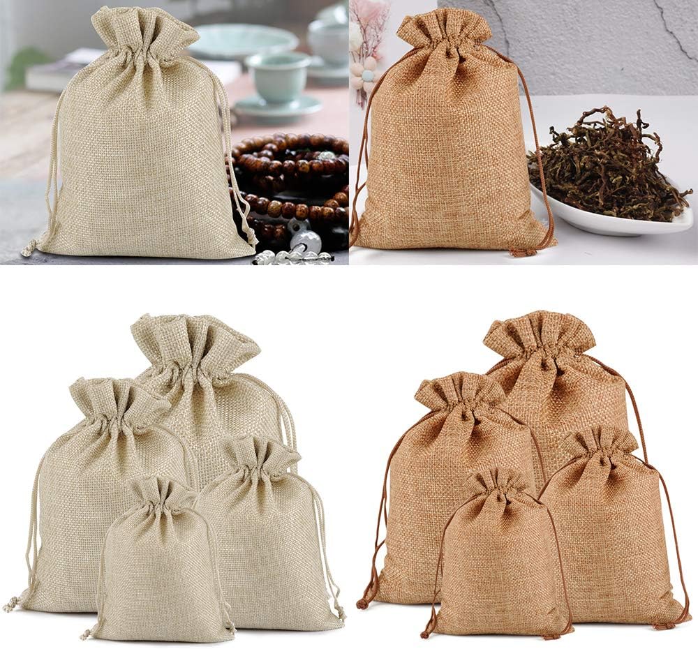 Lucky Monet 25/50/100PCS Burlap Gift Bags Wedding Hessian Jute Bags Linen Jewelry Pouches with Drawstring for Birthday, Party, Wedding Favors, Present, Art and DIY Craft (100Pcs, Coffee, 5” x 7”)
