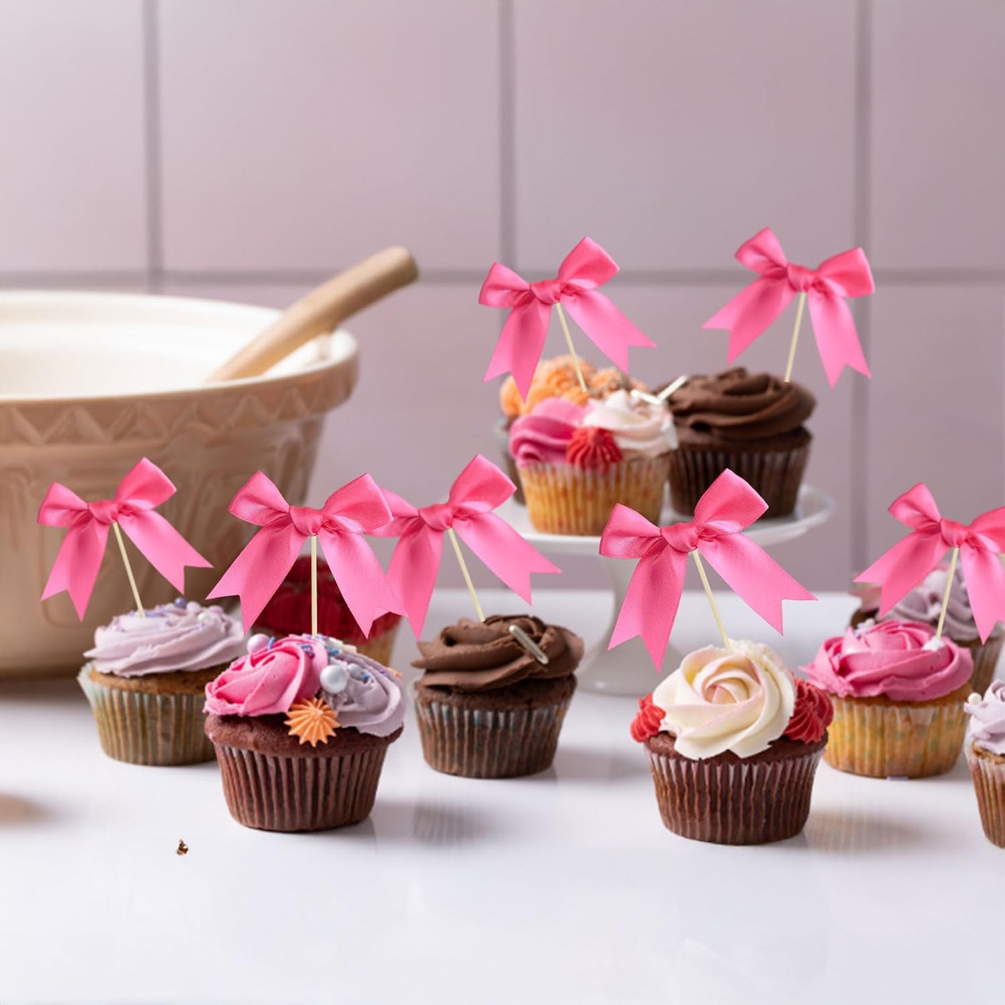 Gyufise 24Pcs Bow Cupcake Toppers Coquette Bow Girls Birthday Cake Decorations Bowknot Cake Toppers Bowknot Cupcake Picks for Baby Shower Birthday Wedding Bridal Engagement Party Supplies Rose Red