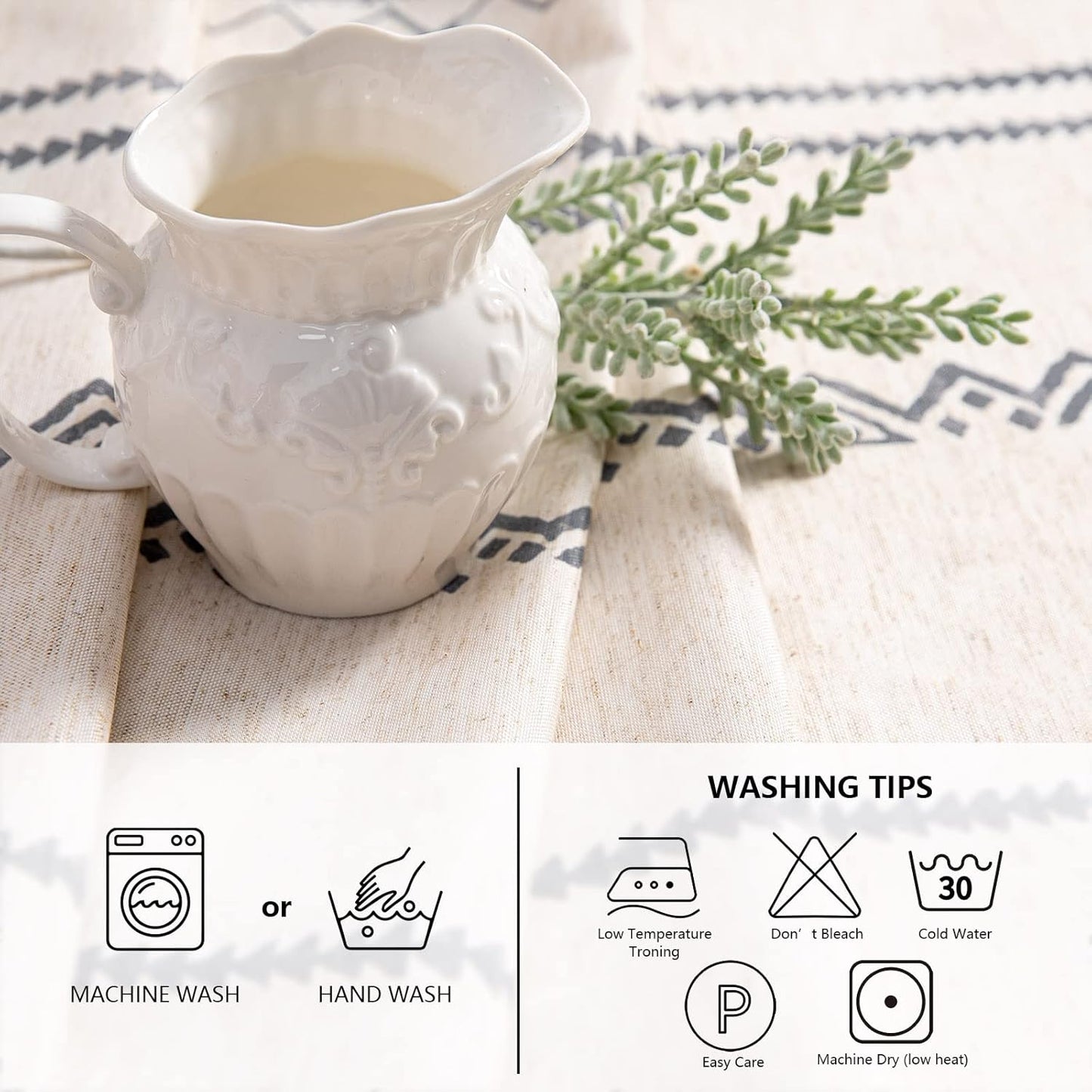 MYSKY HOME Boho Rectangle Tablecloth 60x84 Inches Linen Fabric Oblong Table Cover Farmhouse Decoration Waterproof Classic Bohemian Tablecloth for 4 Feet Table, Indoor and Outdoor Use, Grey Tablecloth