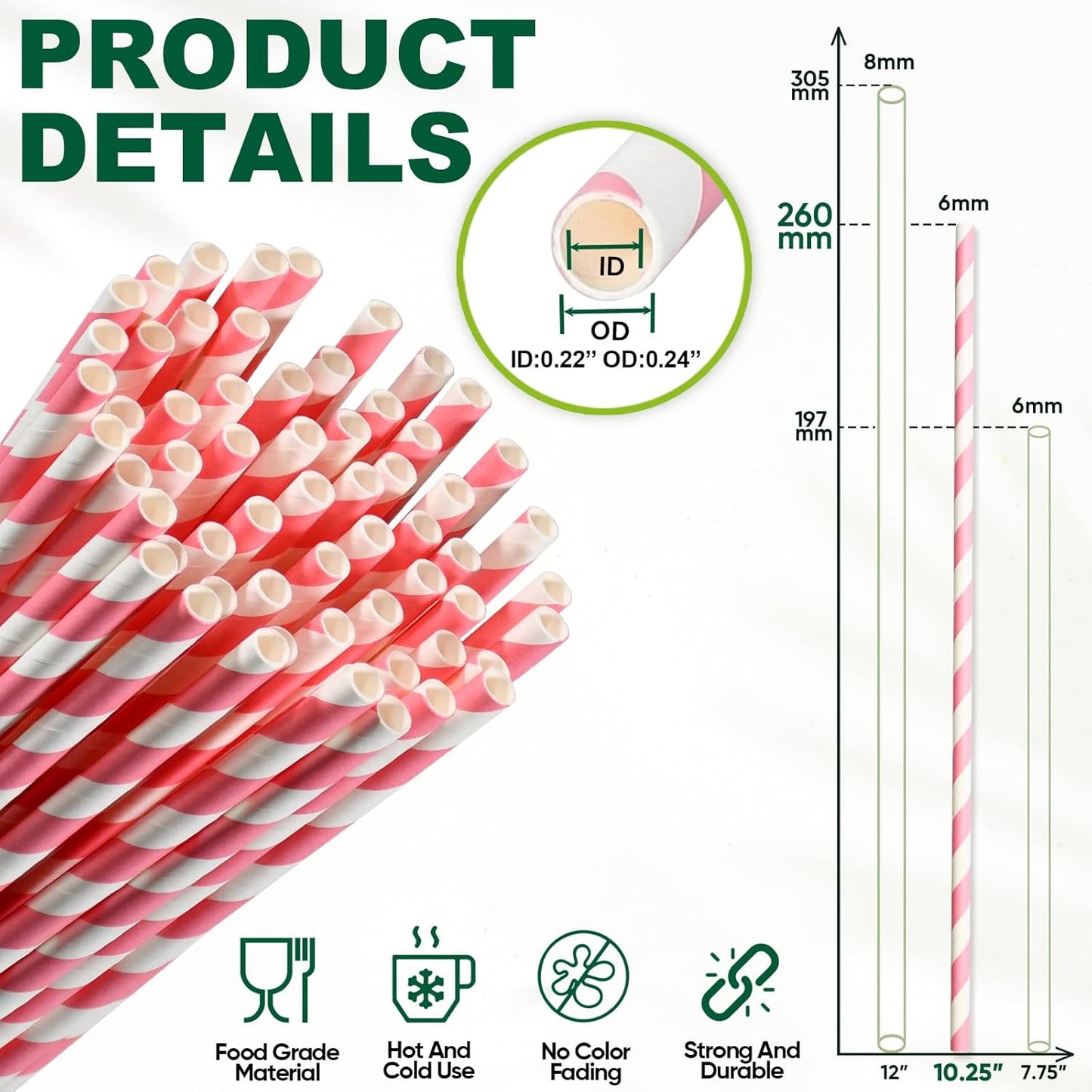 Biodegradable Pink Paper Straws for Drinking - 10 Inches Long, 0.24" Diameter, Pack of 100
