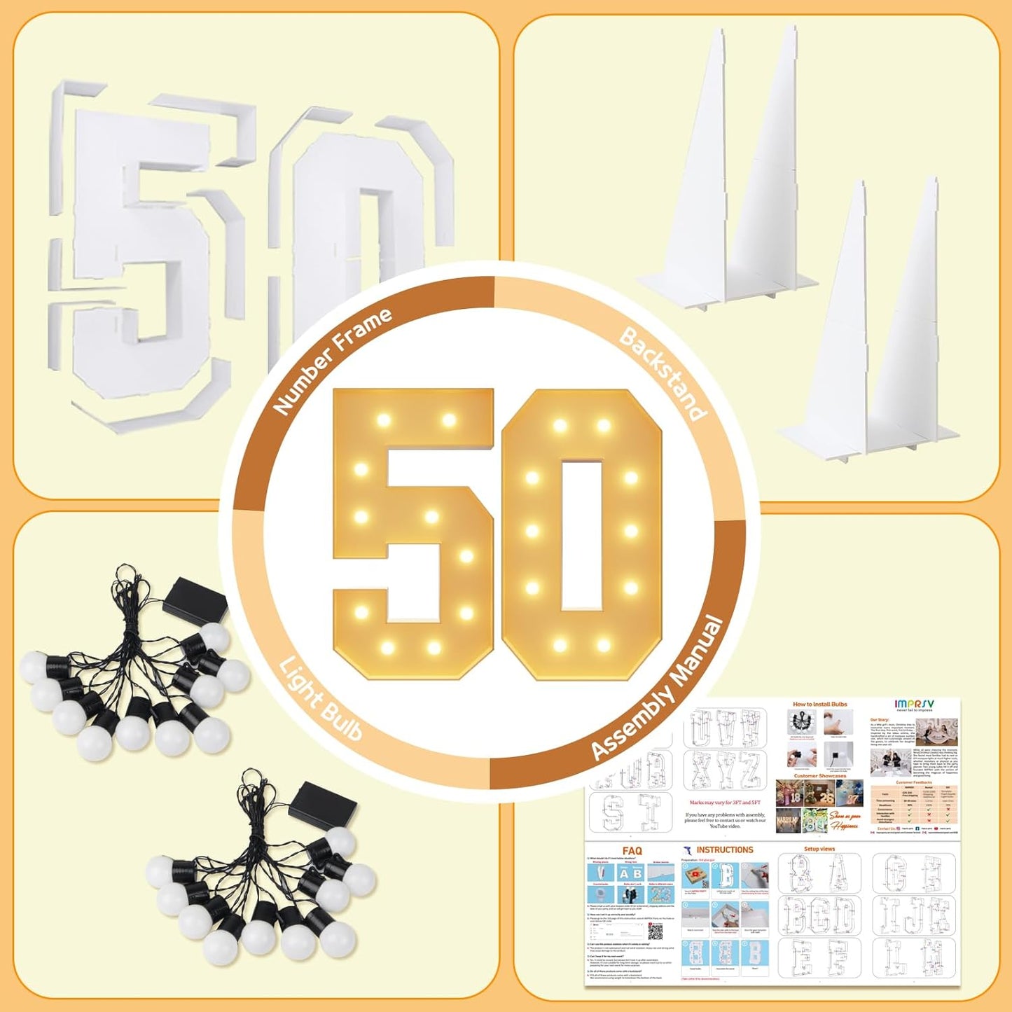 imprsv 4FT Light Up Numbers, Marquee Numbers 50th Birthday Decorations for Women Men, Large Light Up 50 Birthday Women Foam Board Anniversary Party Decorations Arch Kit (DIY)