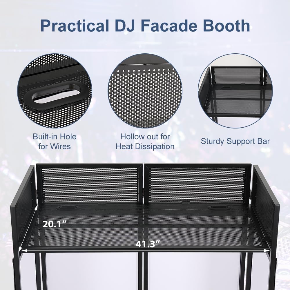 LUCKUP Portable DJ Booth 41"L x 20"W DJ Facade with White & Black Scrim, Foldable DJ Table Station with Adjustable Feet for Party, Black Metal Frame
