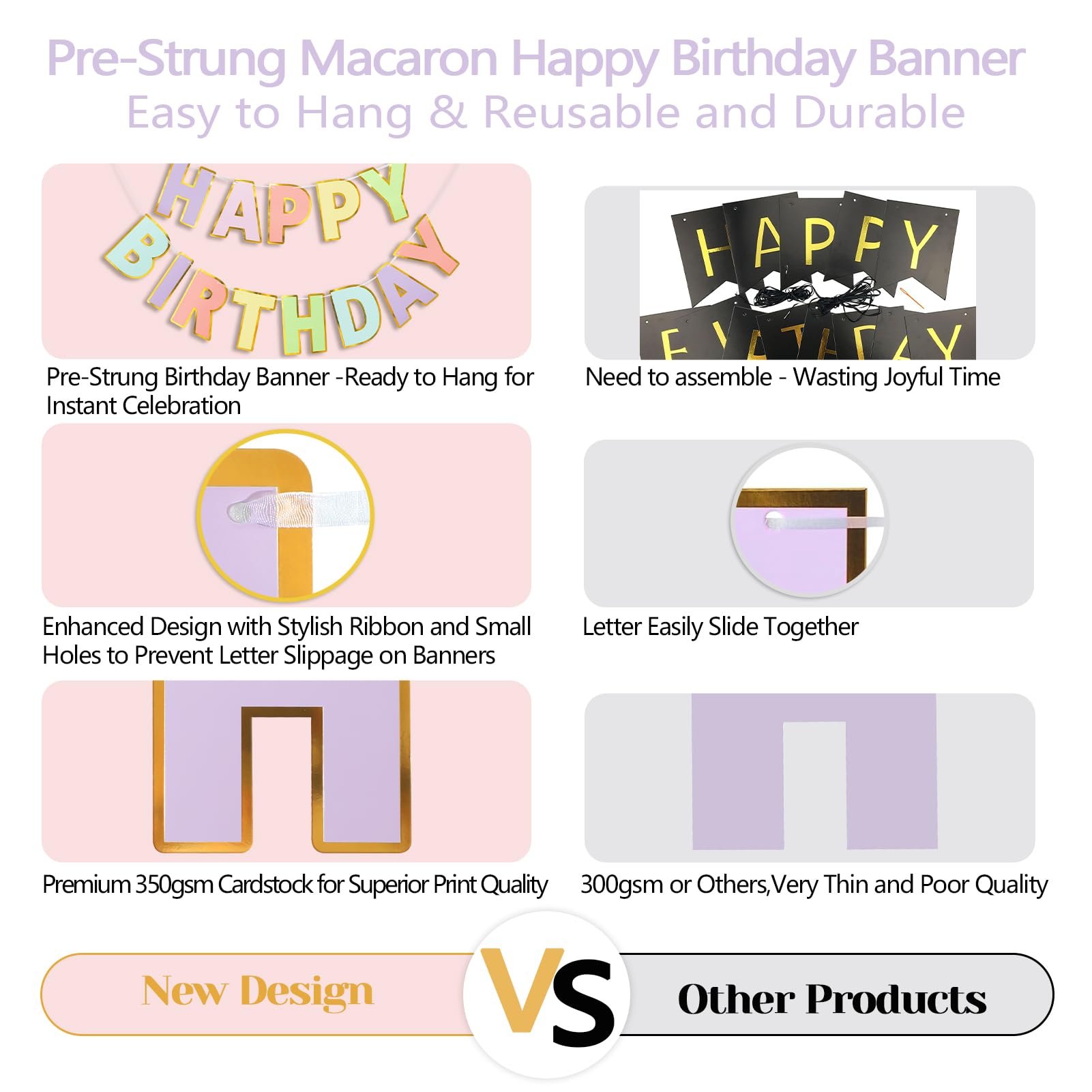 LITAUS Pre-Strung Happy Birthday Banner - Pastel Macaron Party Decorations