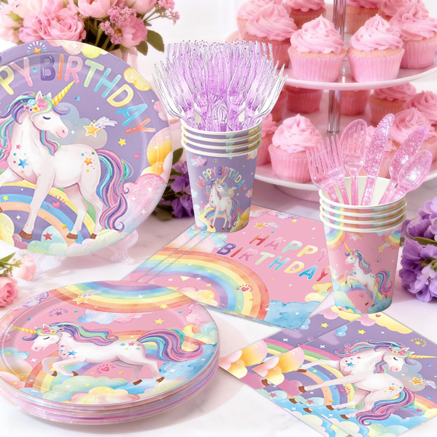 NKPDAXM Unicorn Birthday Decorations - Plates, Napkins, Cups, Cutlery, Hanging Swirls, Banner