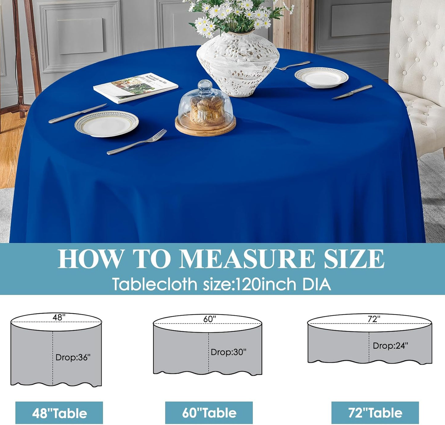 VidaFete Tablecloth 10 Pack 120inch Round Table Cloth Polyester, Stain Wrinkle Resistant Polyester Dining Table Cover for Kitchen Dinning Party Wedding Round Tabletop Buffet Decoration(Royal Blue)