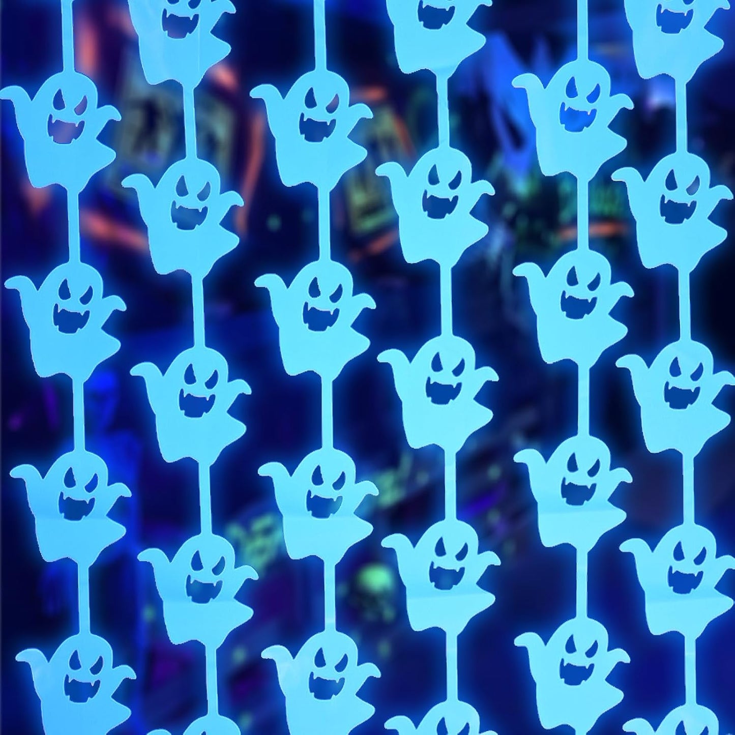Neon Halloween Party Decorations, 2 Pack Glow in The Dark Party Supplies 3.3 x 6.6 ft Fluorescent Blue Ghost Curtains, Photo Booth Prop Backdrop Streamer, Halloween Birthday Party Decor