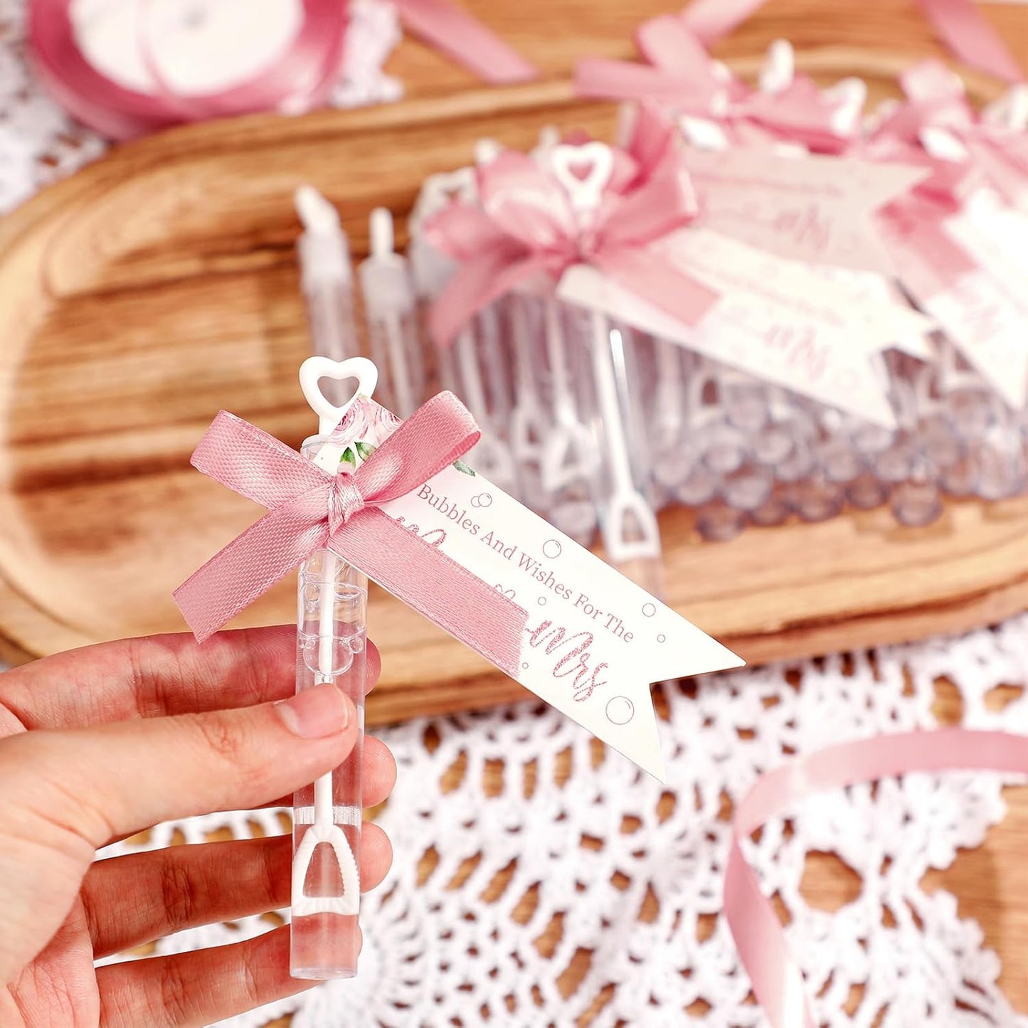 405 Pcs Wedding Bubbles Wands Set Include Heart Bubble Wands Bubbles Send Off Cards Gift Tags Wood Photo Frame Ribbons for Wedding Send Off Party Favors (Rose Pink)