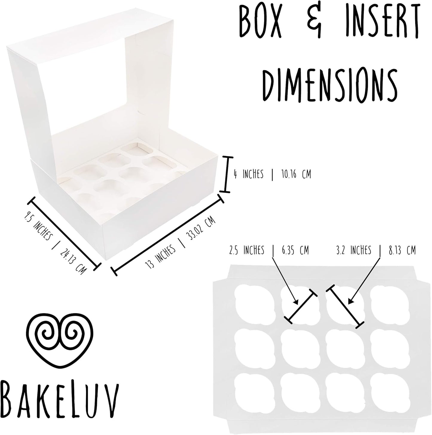 BAKELUV White 12 Cupcake Boxes, Cupcake Containers | 13x9.5x4, 50 Pack