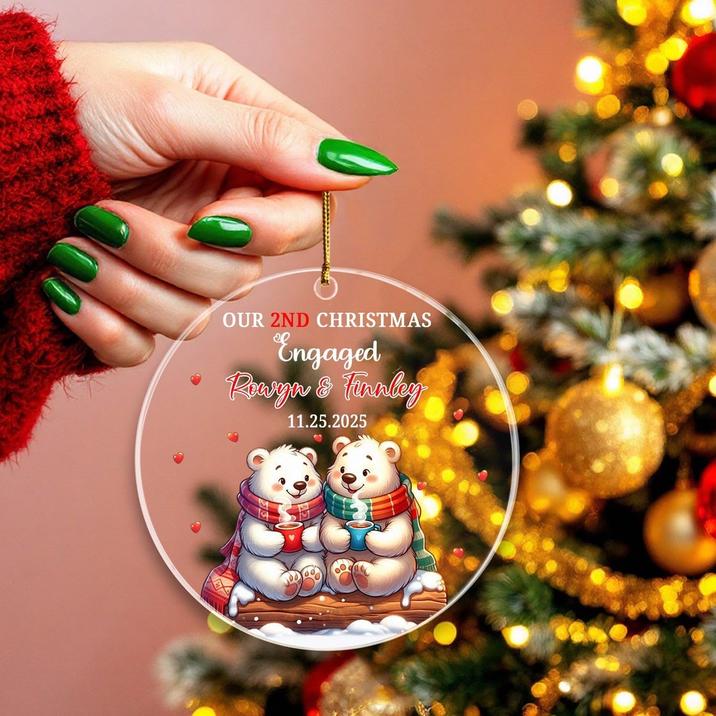 Customized Our 2ND Christmas Engaged Ornaments, Couple Polar Bear Together Ornament Gift for Engagement Anniversary, Personalized Date Name Mr & Mrs Engaged Christmas Ornament Gift for Friends Bestie