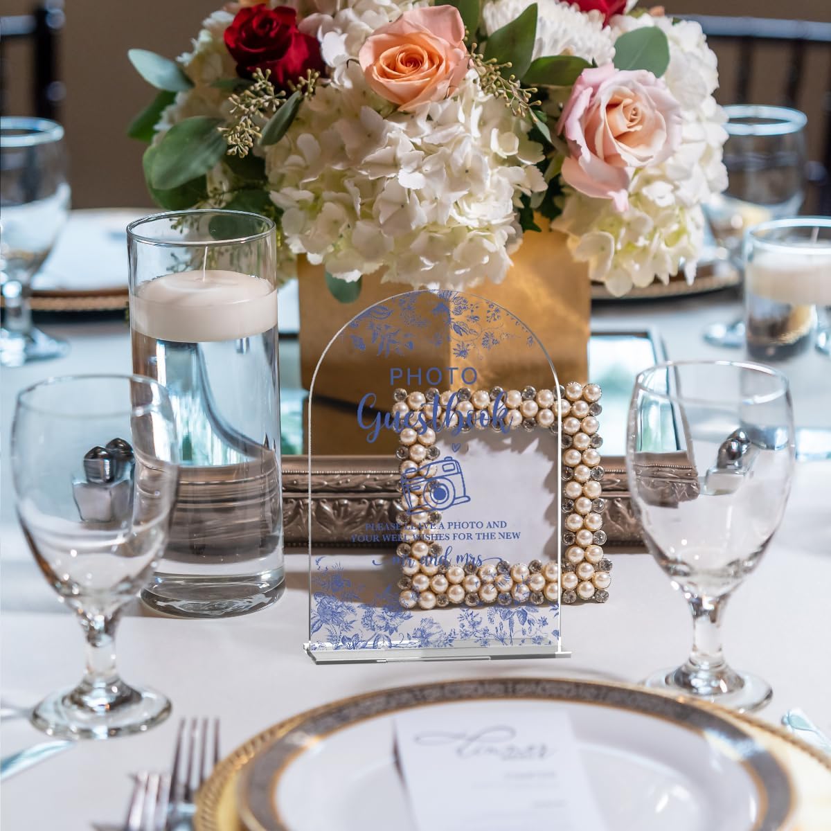 Acrylic Wedding Signs, Dusty Blue Wedding Decor, Blue Weddings Decor, Photo Guestbook Signs for Reception, Modern Calligraphy Arch Acrylic Table Top Sign for Weddings Parties Dinners (Clear)