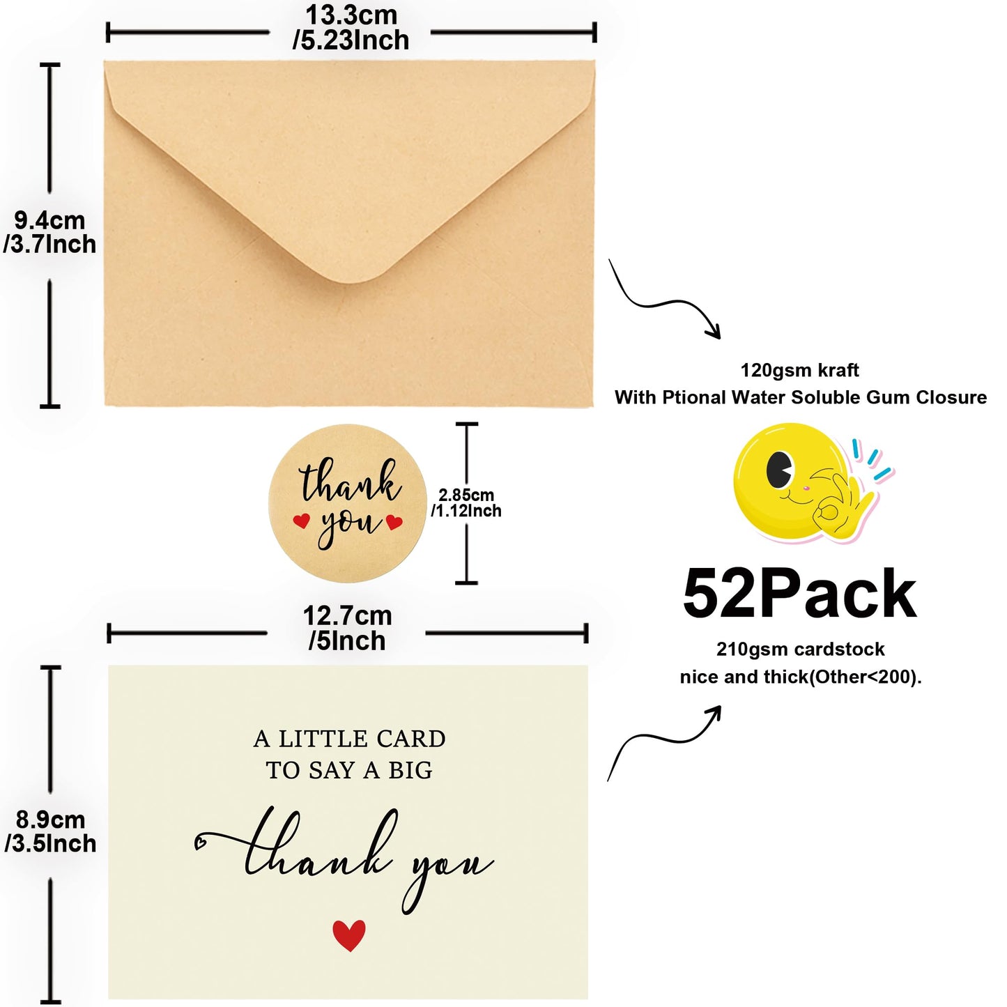 52 Pack 210GSM | Thank You Cards | Thank You Cards & Notes with Envelopes | Pefect for Baby Shower