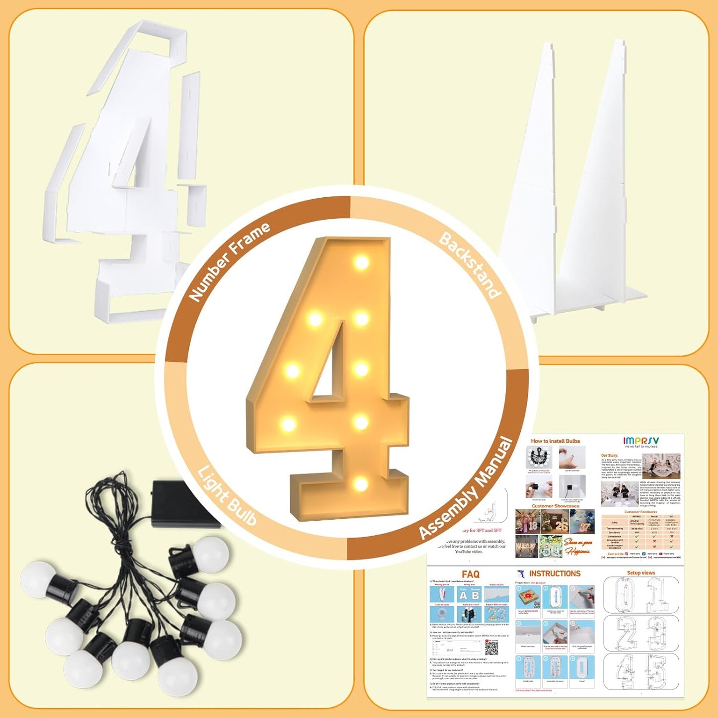 imprsv 3FT Marquee Numbers, Light Up Numbers for 4th 40th Birthday Decorations Anniversary Party Decor, Number 4 Light Up Number, Pre-Cut Foam Board Kit