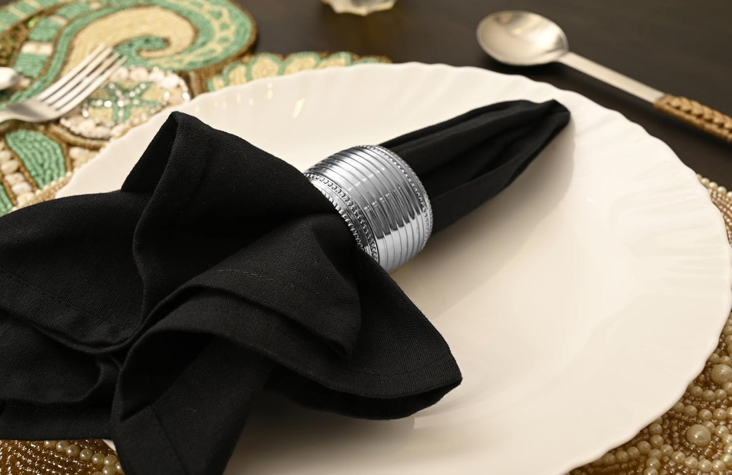 Silver Napkin Rings Set of 12, Beaded Napkin Rings - Rust Resistant, Durable Heavy Duty Napkin Holders for Family, Gatherings, Party, Farmhouse, Modern & Outdoor Dining Décor- ALPHA Living HOME