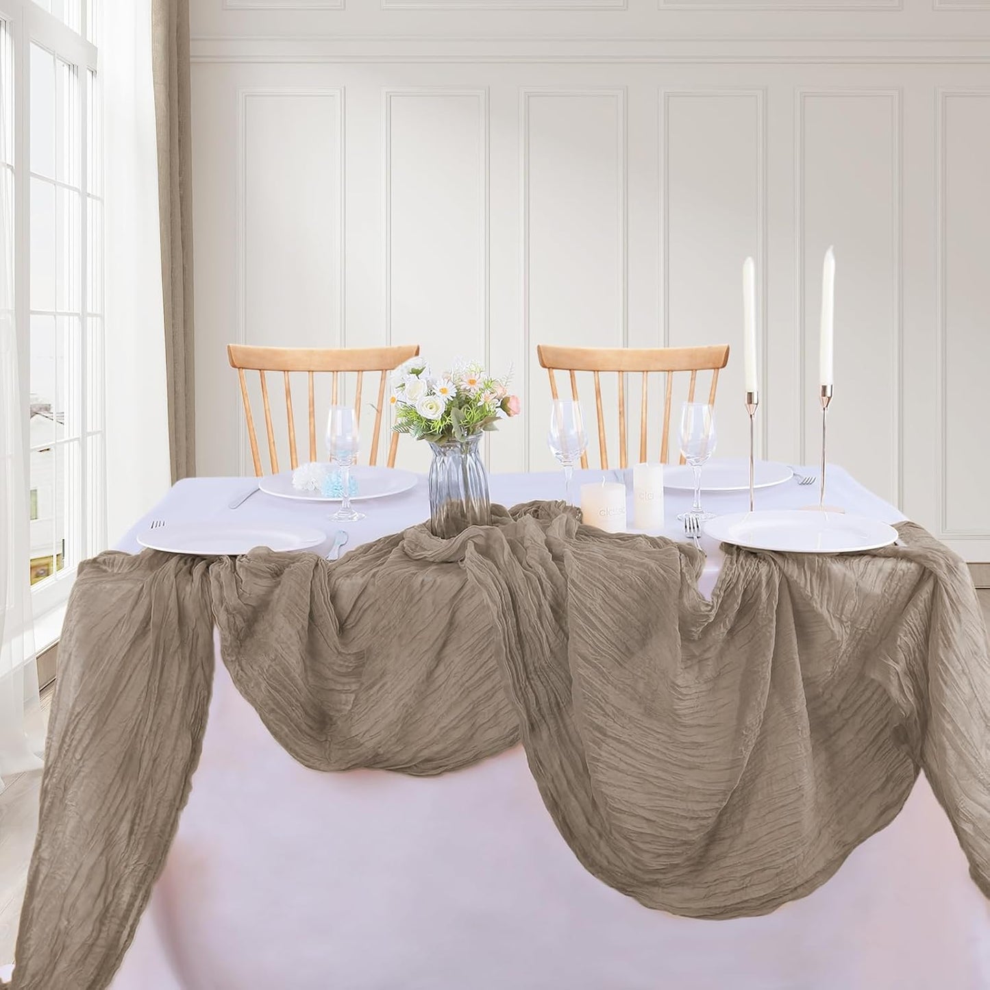 4 Pack Nude Cheesecloth Table Runner 35x120 Inch Boho Gauze Fabric Cheese Cloth Table Runner 10Ft Rustic Romantic Sheer Table Runners for Wedding Party Bridal Baby Shower Long Table Decoration