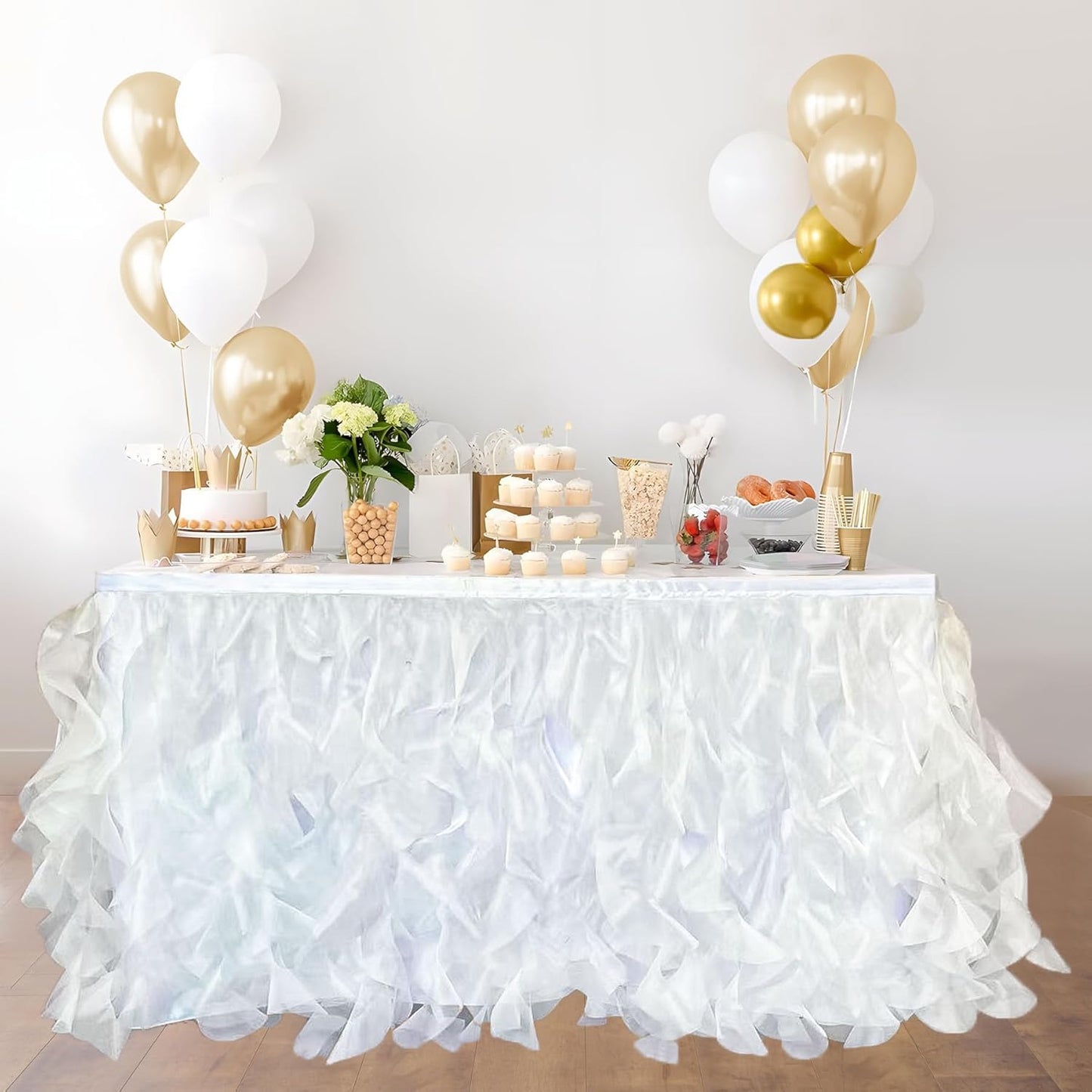 Luxury Organza Mesh Table Skirt Draping Floating Romance - Perfect for Bridal Showers, Birthday Weddings - Clear Flowing Decoration for a Wonderful Main Cake Table (White-6ft, 72" L×30" H)