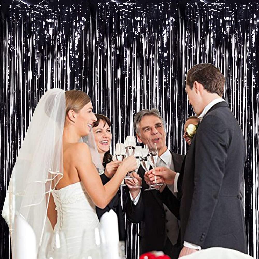 TONIFUL 3Pcs Black Door Streamers,Black Photo Booth Backdrop Metallic Streamers Foil Fringe Curtains for Halloween,Birthday,Christmas,New Year,Bachelorette,Graduation Party Decor(9.9ft x 8.2ft)