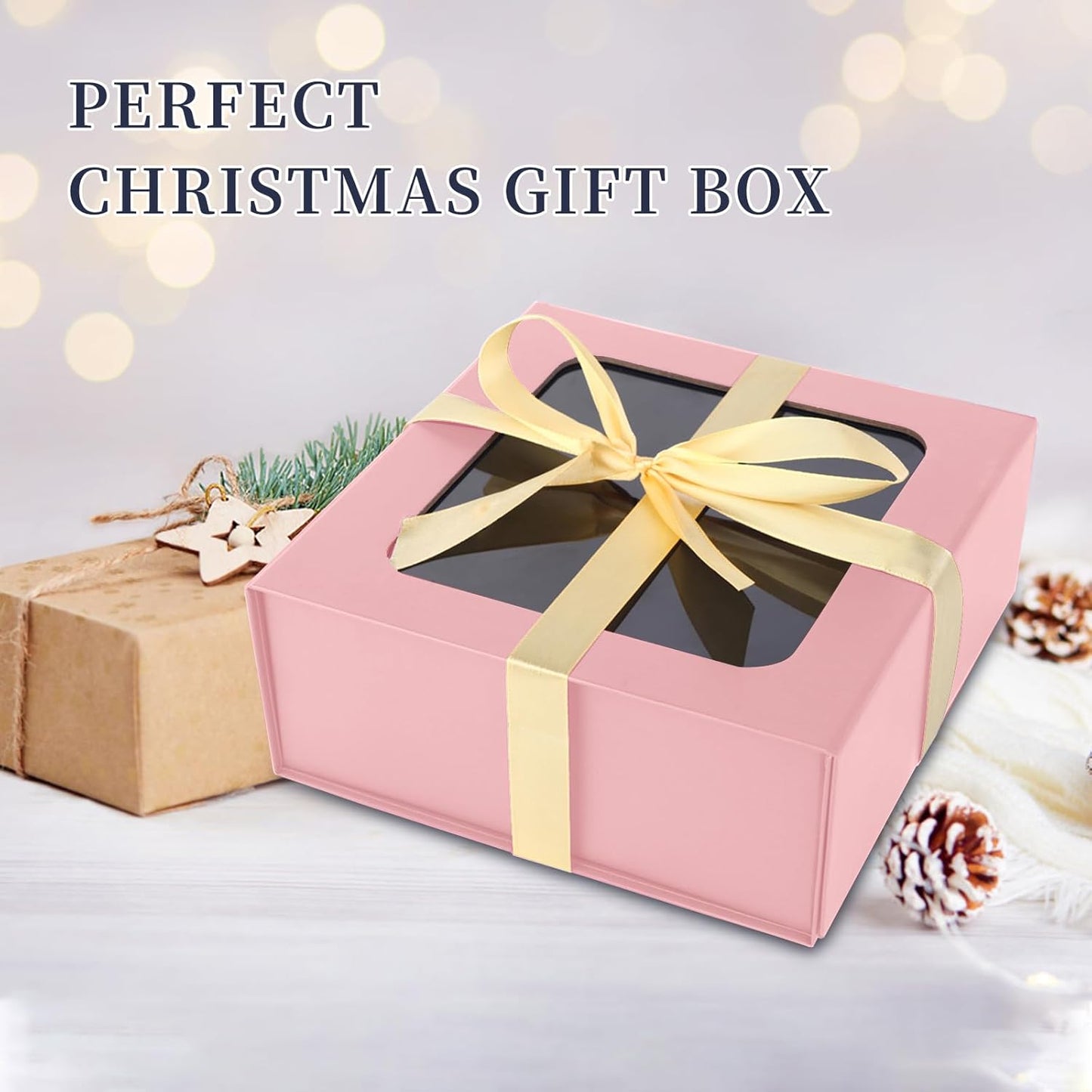 TIACABO Pink Gift Box with Window,7.5"x7.5"x3.1" Bridesmaid Boxe for Gifts Giving,Birthday Gift Boxes with Magnetic,Closure Lid Gifts Boxes for Presents,Cute Box,Luxury for Gift Packaging