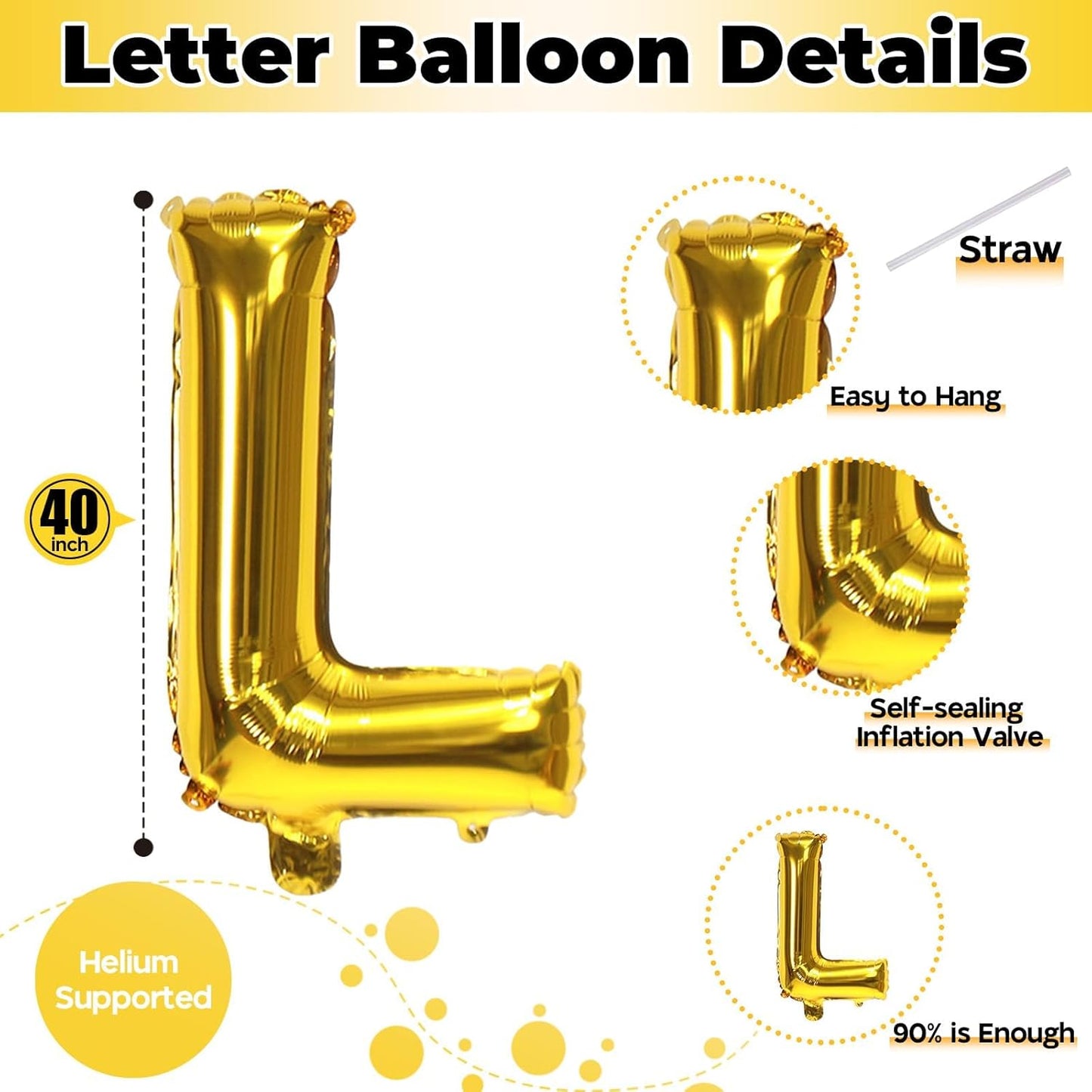 Custom Letters Balloon Gold, Large Helium Alphabet Name Balloon L Decor, 40 Inch Self Inflating Mylar Letter Foil Word Customize Balloons for Girls Women Birthday Anniversary Party Decoration Supplies