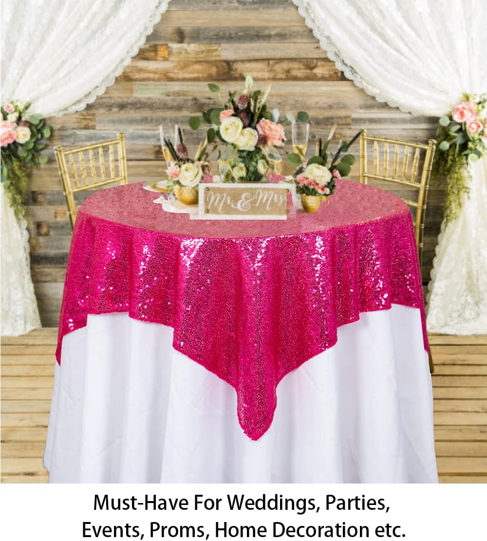 ShinyBeauty Sequin Tablecloth 54x54 Inches - Hot Pink Glitter Table Cover for Dining, Birthday Wedding Party Decorations, Reusable Sparkling Table Overlay Event Decoration