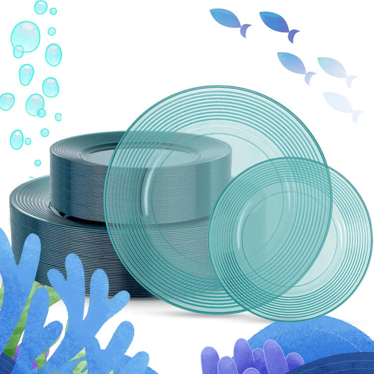 FLOWERCAT 100PCS Clear Blue Plastic Plates - Heavy Duty Plastic Plates Disposable -Straw hat plate for Summer party &Wedding - Serve for 50Guests party(10inch & 7inch)(Mediterranean Blue)
