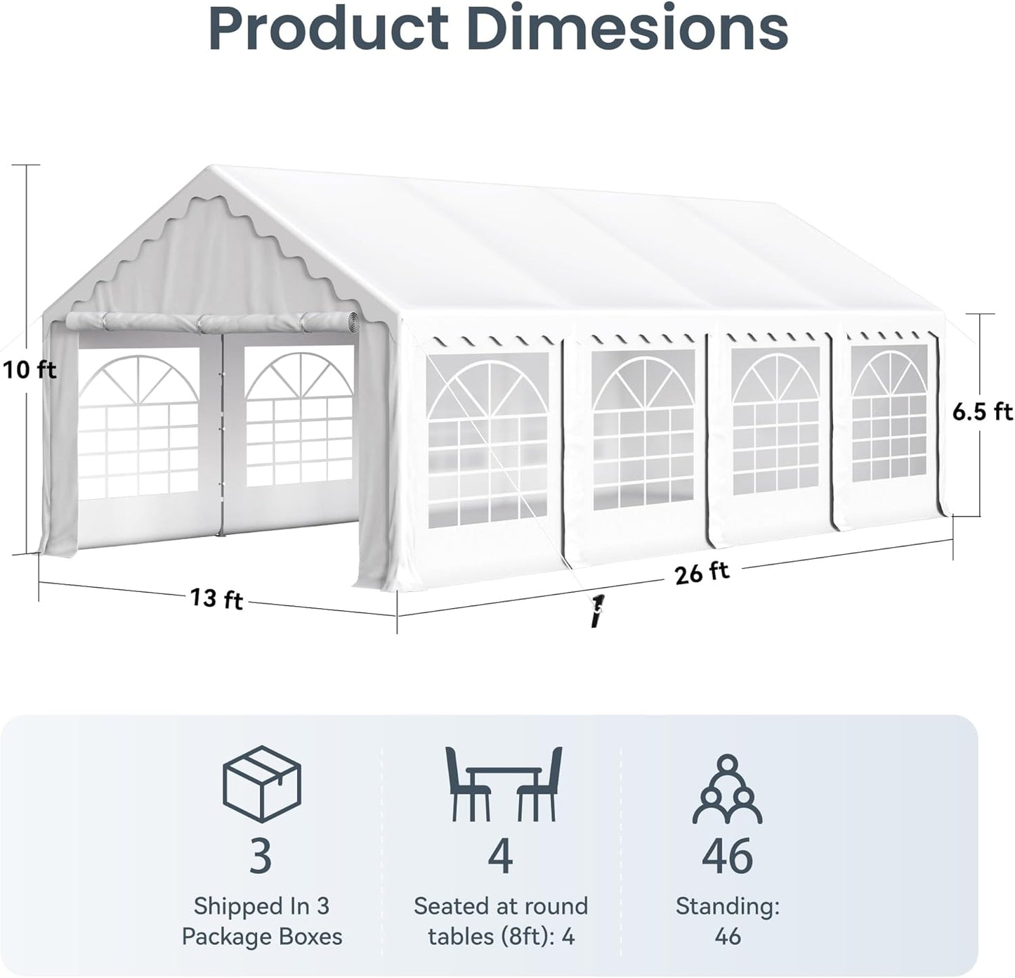 PHI VILLA 26'x13' Outdoor Heavy Duty Party Tent Large Commercial Canopy Wedding Event Tent Shelter Canopy Carport with Removable Sidewalls & 3 Storage Bags for Patio Outdoor Garden Events, White
