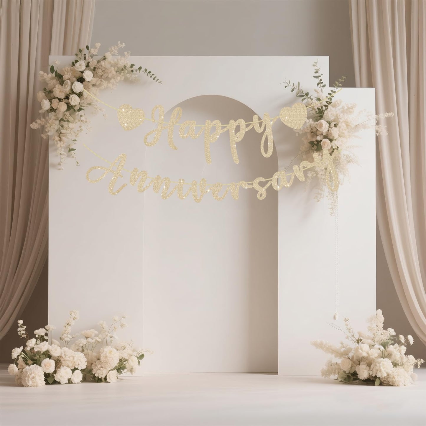 SerpizePaty Happy Anniversary Banner, Pre-Strung Gold Glitter Wedding Anniversary Decorations