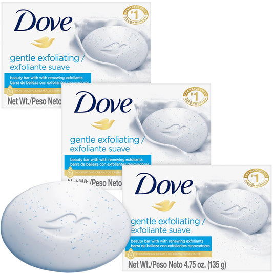 Dove Soap, Gentle Exfoliating Beauty Bar 3-Pack – 3-in-1 Moisturizing Face, Body & Hand Soap, 4.75 Oz Ea
