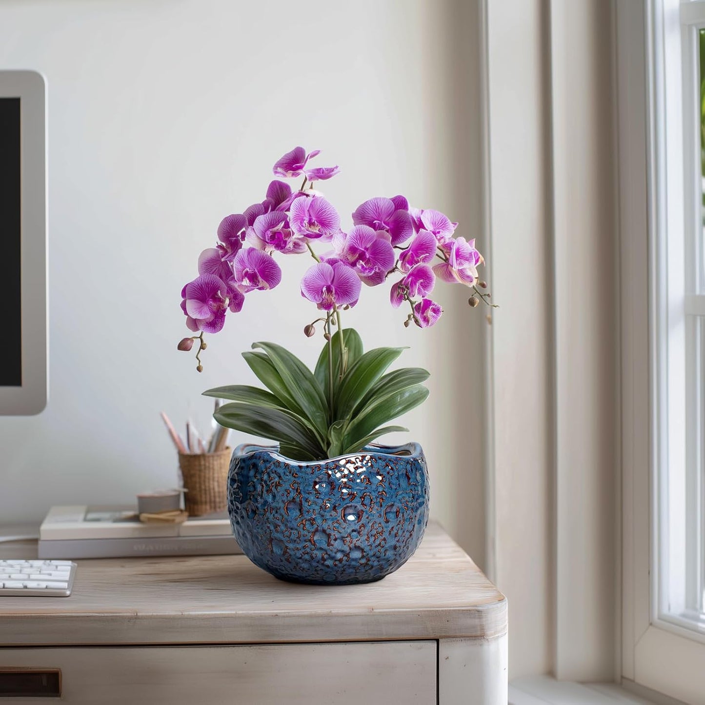 8 Inch Plant Pot - Ceramic Planter for Indoor Outdoor Plants, Round Unique Plant Pots with Drainage Hole, Modern Decorative Flower Pots, Home Decor, Gifts for Plants Lovers, Retro Blue