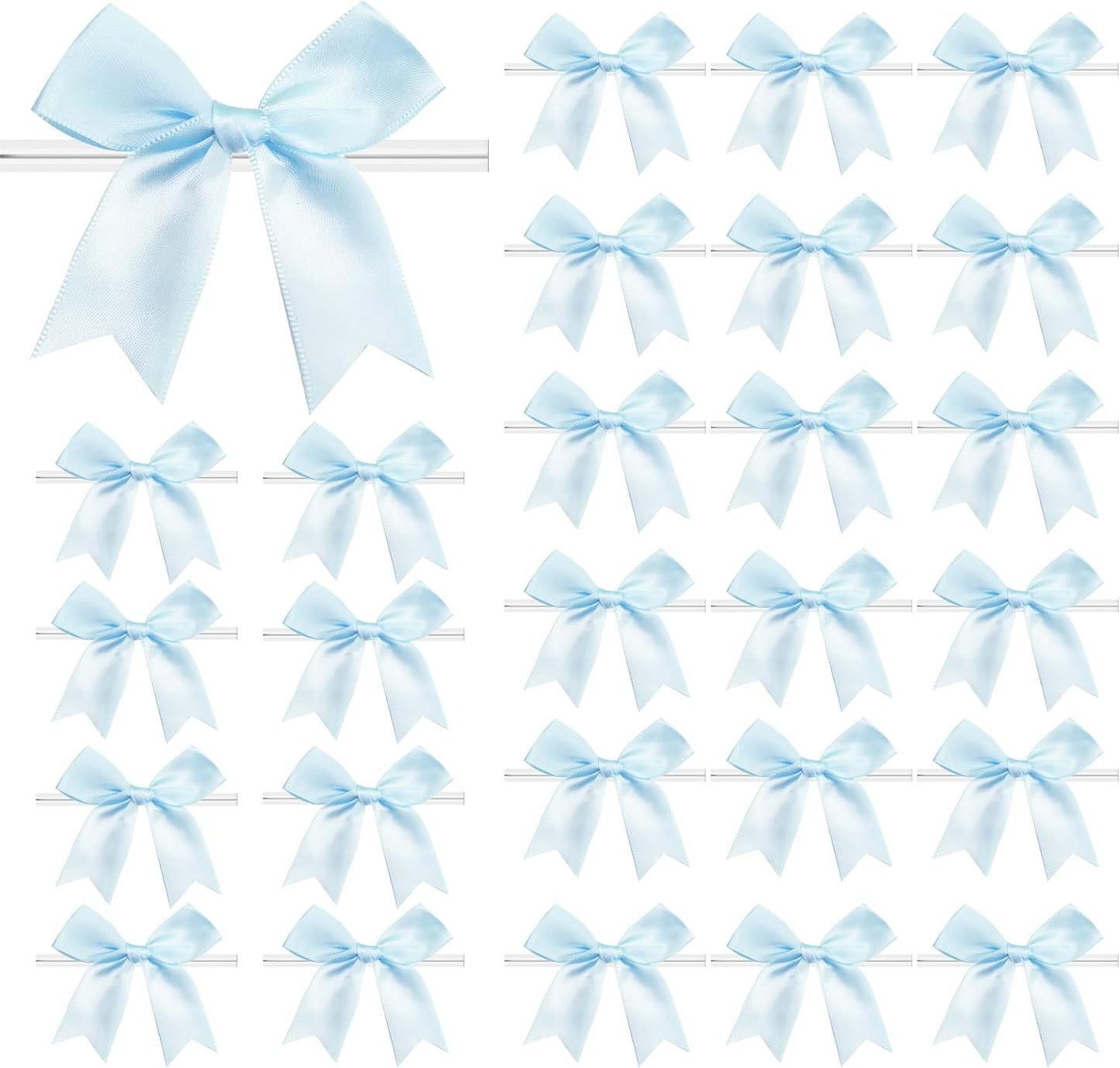 50 PCS Twist Tie Bows Satin Ribbon Bows 3.3 Inch Gift Wrap Bows Craft Bows for Gift Wrapping, Party Decorations Gifts Bag DIY Treat Bags Wedding Decor Baby Shower Christmas (Light Blue)