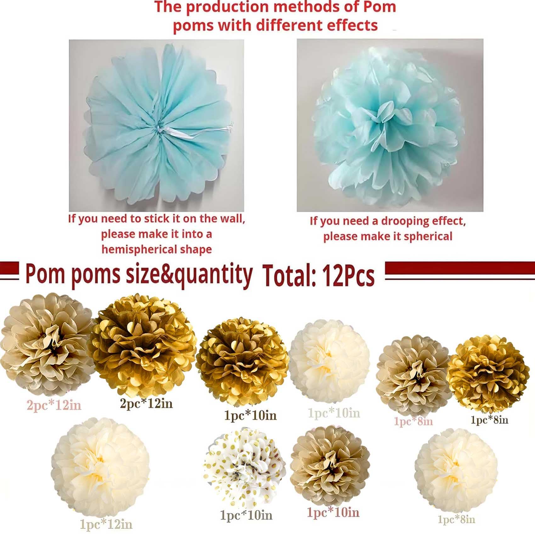 12-Piece Set of Gold and White Hanging Tissue Paper Pom Poms for Engagement, Wedding, Birthday