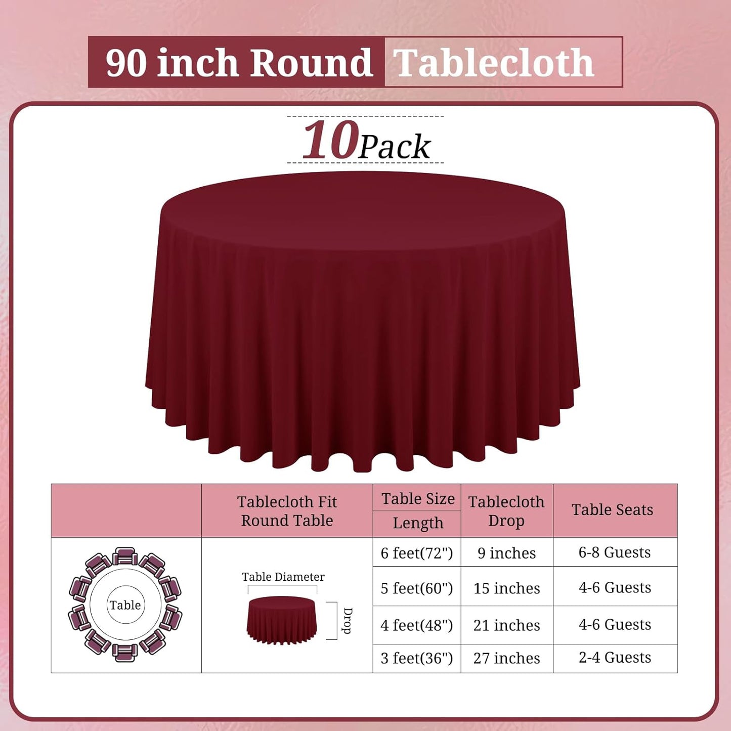 10 Pack Burgundy Round Tablecloths - 90 Inch, Polyester Table Cover, Stain and Wrinkle Resistant Washable Fabrics, Perfect for Wedding Banquet Parties