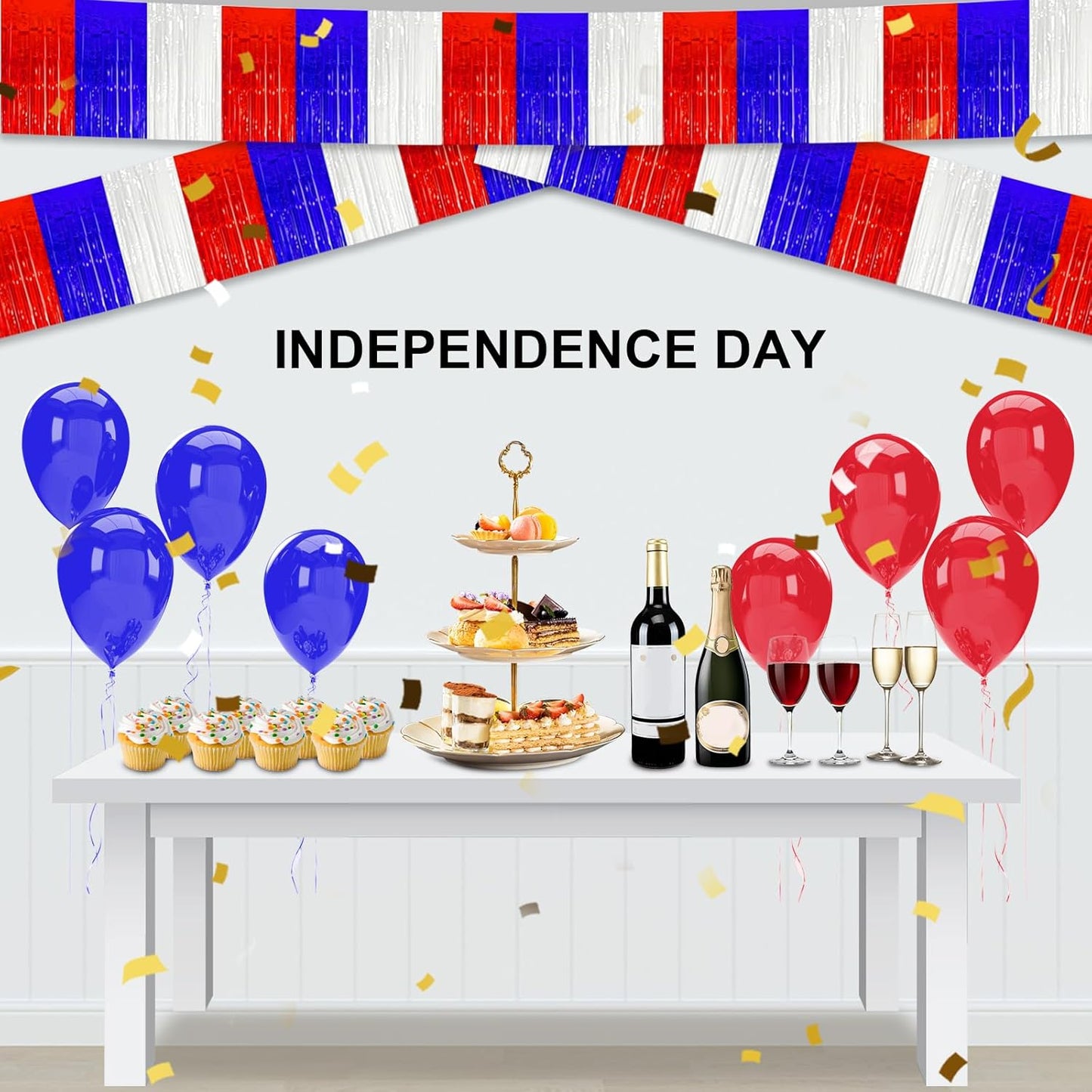 4 Pack 10 Feet White Blue Red Foil Fringe Garland Metallic Tinsel Streamers Banner Wall Hanging Curtain Backdrop for Parade Floats, Wedding, Graduate, Mother's Day, Birthday Party Decoration