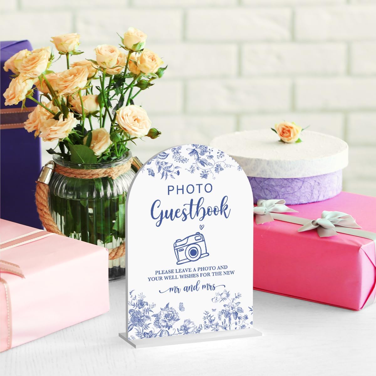 Acrylic Wedding Signs, Dusty Blue Wedding Decor, Blue Weddings Decor, Photo Guestbook Signs for Reception, Modern Calligraphy Arch Acrylic Table Top Sign for Weddings Parties Dinners (White)