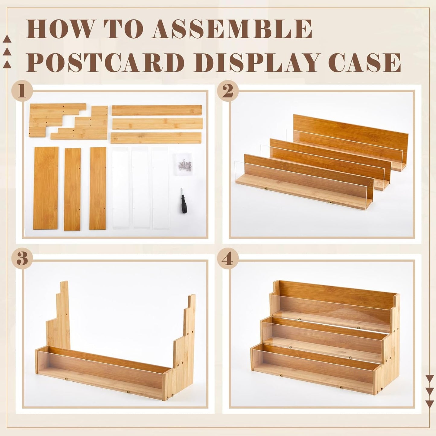 3 Tier Greeting Card Display Stand Wood Color Bamboo and Acrylic Sticker Display Stand Trading Card Holder Retail Photos Shelf for Vendors Craft Collection & Show