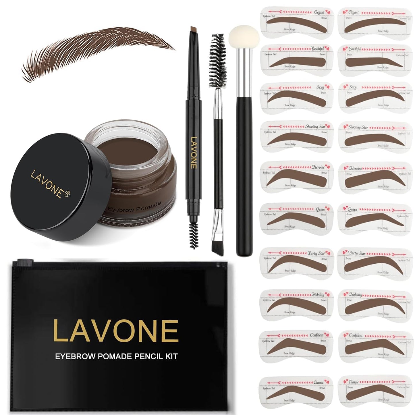 LAVONE Eyebrow Stamp Stencil Kit - Brow Stamp Trio Kit with Waterproof Eyebrow Pencil, Pomade, 20 Stencils, Dual-ended Brush and Sponge Applicator - Dark Brunette