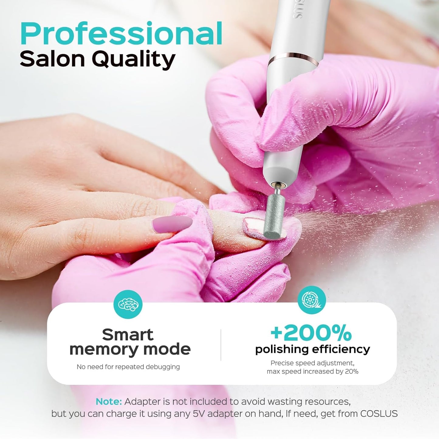 COSLUS Cordless Electric Nail Drill File: Nail Drill Machine with Stepless Speed Knob for Acrylic Gel Dip Powder Polish, Professional Portable Manicure Pedicure Rechargeable for Home Salon Use White