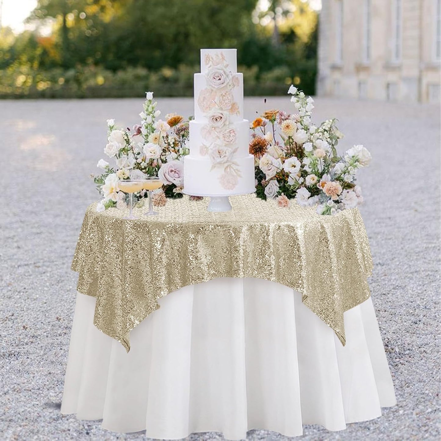 Square Champagne Sequin Tablecloth- 50x50 inch, Seamless Sparkle and Glitter Party Table Cloth, Shiny&Elegant Table Overlays for Wedding Birthday Ceremony Prom Decorations