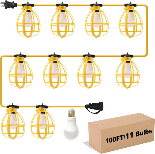100FT Construction String Lights, 100W 11 Bulbs Work Lights with E26 Base, Construction Lights IP65 Waterproof, 8000LM 6500K Temporary Lighting for indoor Workshop, Mine cave, Job Site