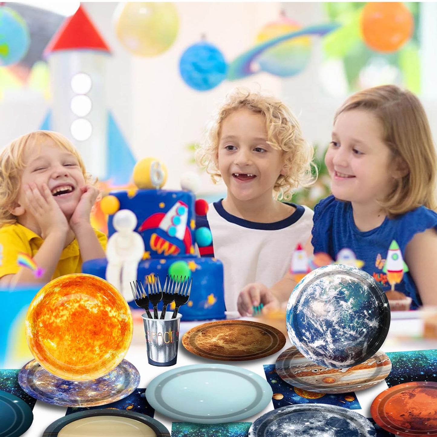 UROINEPA Space Theme Party Decorations 100Pcs Galaxy Planet Outer Space Disposable Plates and