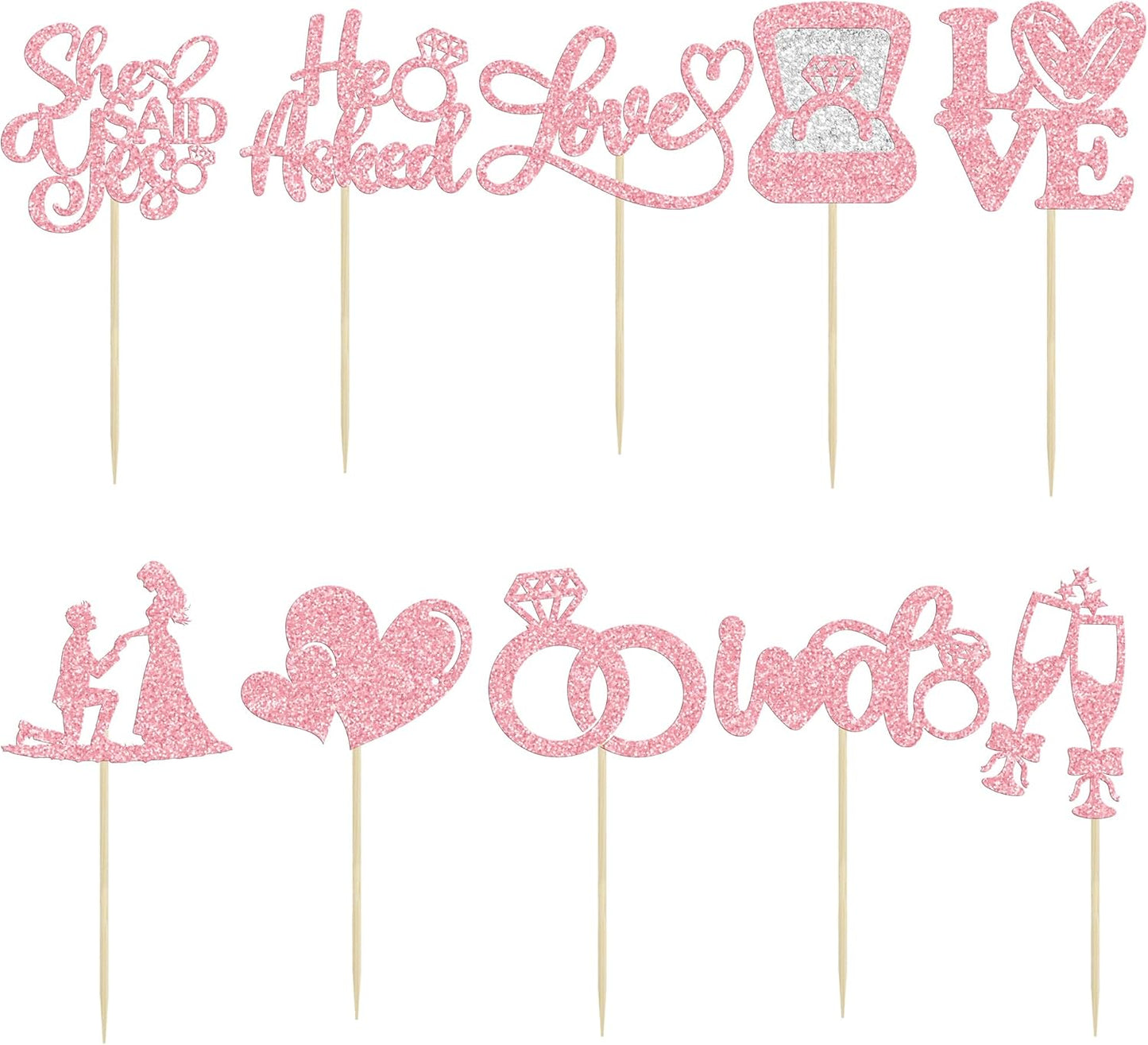 Ephlyn 30Pcs He Asked She Said Yes Cupcake Toppers Glitter Engagement Cupcake Toppers Diamond Ring Heart Love I Do Cupcake Picks for Engagement Wedding Party Cake Decorations Pink
