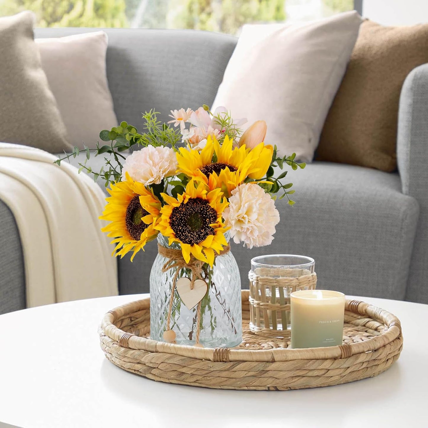 Fake Flowers in Vase,Artificial Sunflower Bouquets in Vase with a Flower Arrangement Holder,Table Centerpieces for Dining Room,Flower Centerpieces for Tables,Faux Flowers