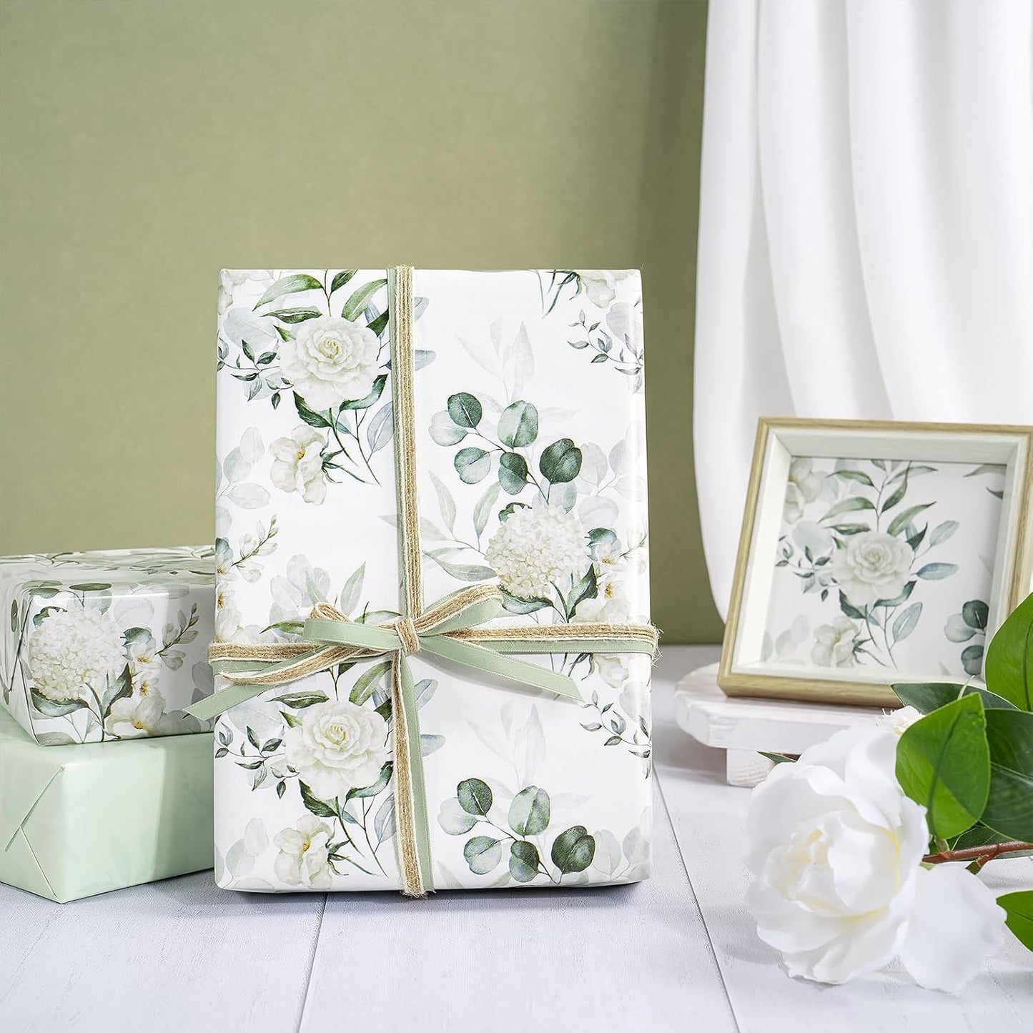 RUSPEPA Reversible Floral Wrapping Paper for Women Girls, Mini Roll, Elegant Flower Greenery and Sage Green Gift Wrap Paper for Wedding, Birthday, Bridal Shower, Mother's Day, 17 Inches x 16.4 Feet