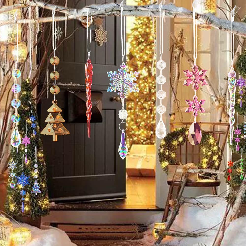 Lanpn 26 Pcs Christmas Ornaments Crystal Christmas Tree Decoration, Hanging Clear Acrylic Snowflake Icicle Drop Pendants for Xmas Winter Outdoor Indoor Party Decoration Purple