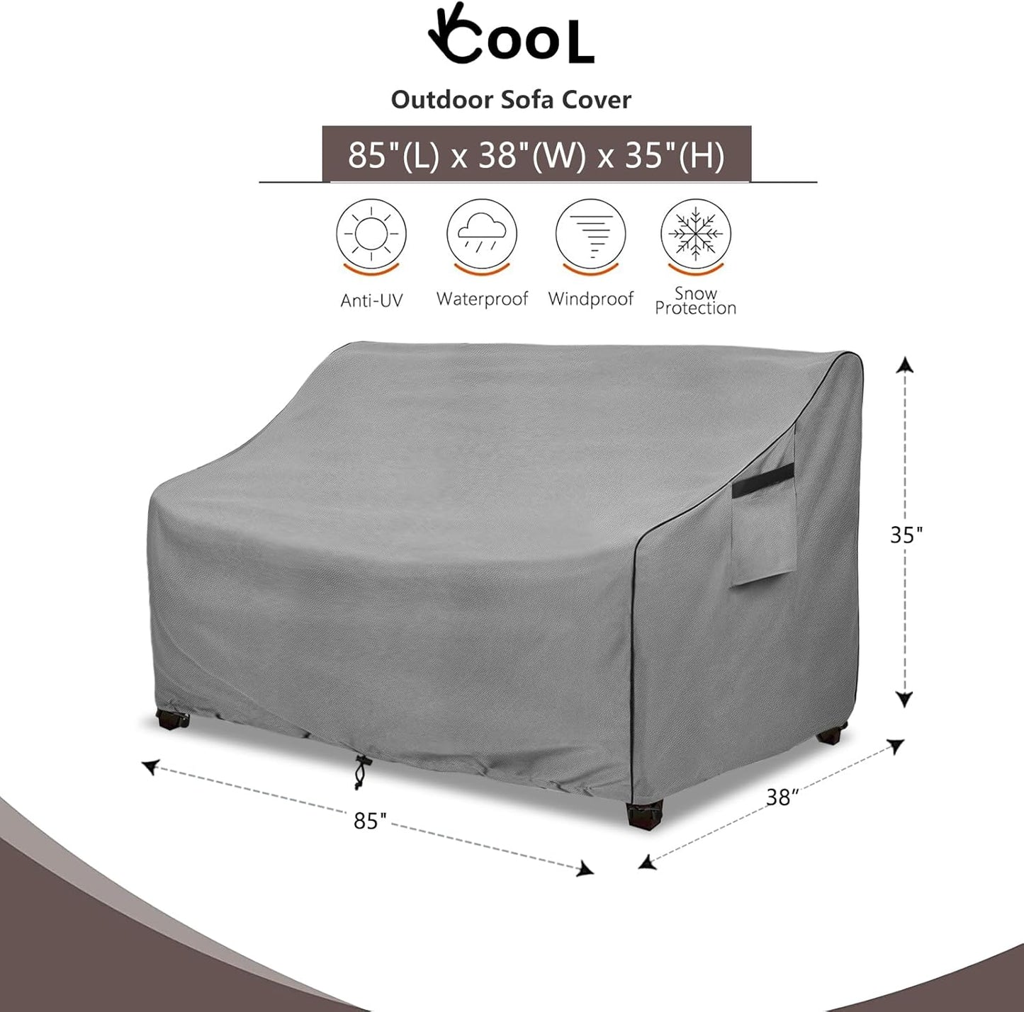 okcool Heavy Duty Patio Sofa Cover, 100% Waterproof 3-Seater Outdoor Sofa Cover Fits up to 85W x 38D x 35H Inches, Lawn Patio Furniture Covers,Grey
