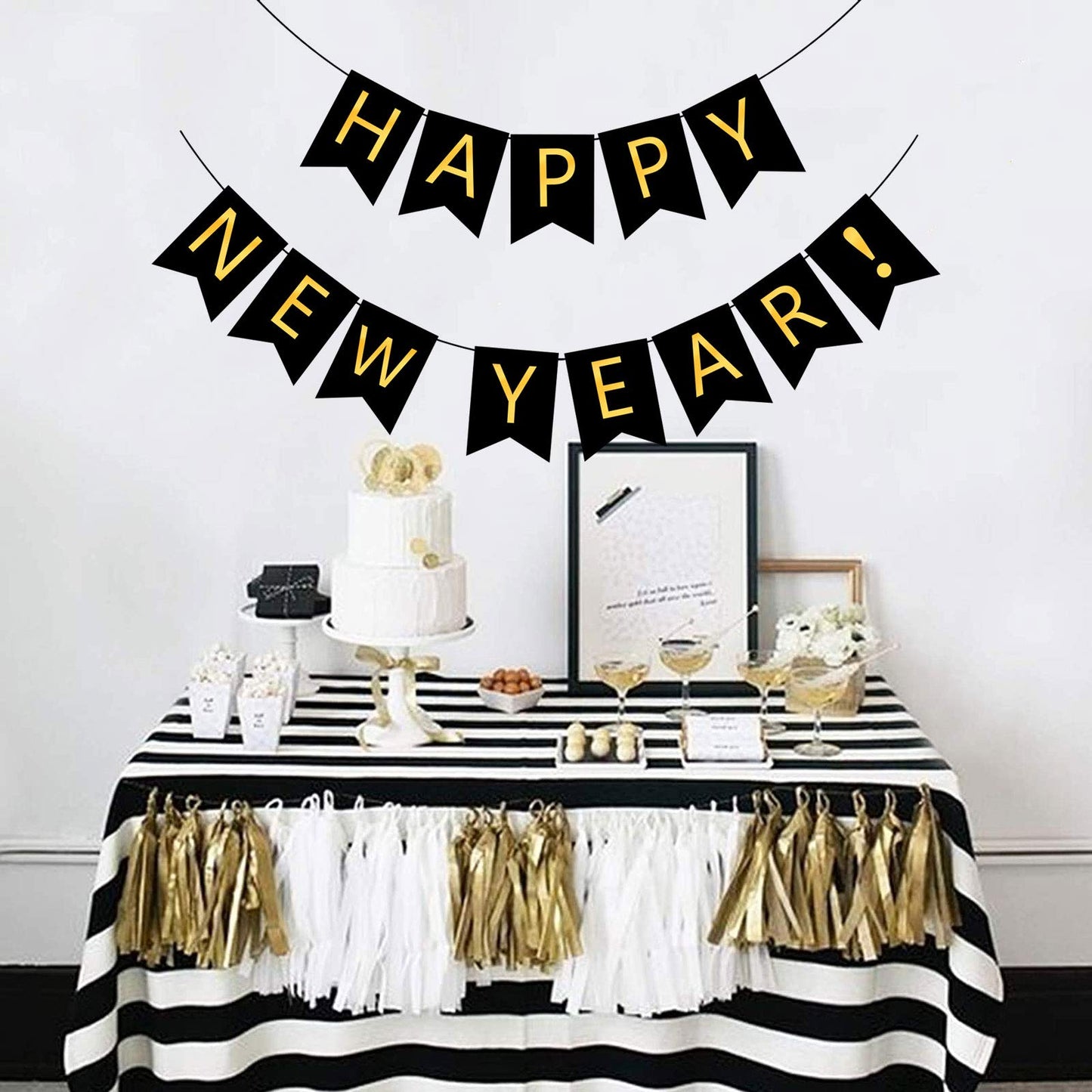 FECEDY Happy New Year Banner Black Bunting with Gold Alphabet for New Year Party Supplier Eve Party