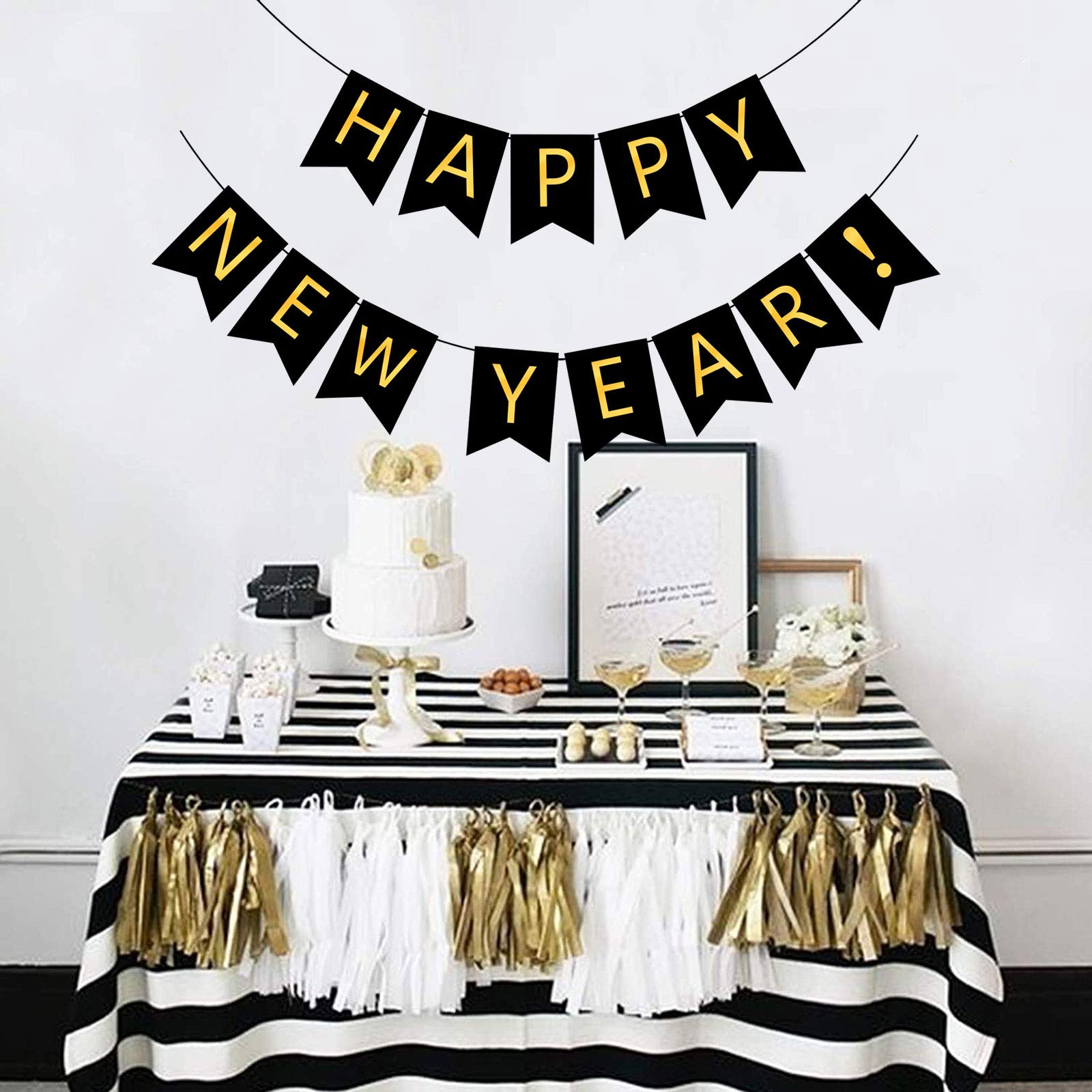 FECEDY Happy New Year Banner Black Bunting with Gold Alphabet for New Year Party Supplier Eve Party