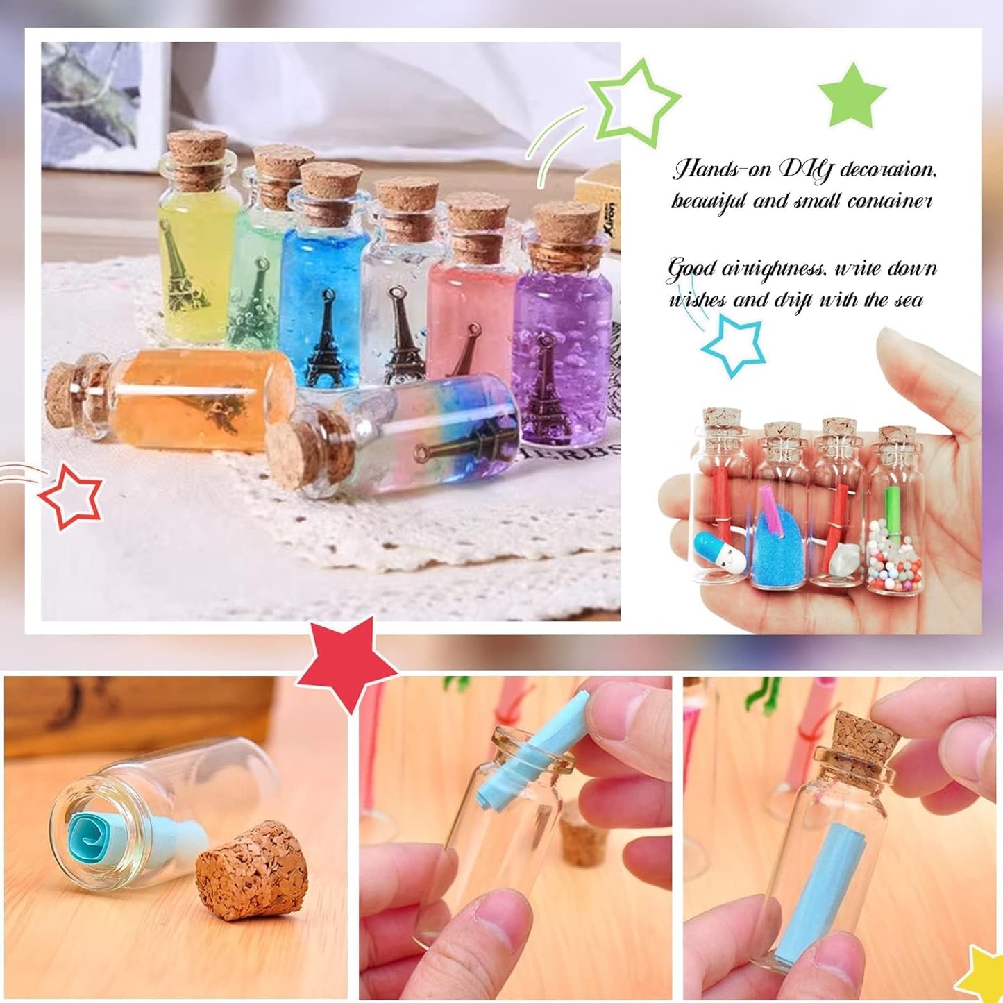 WFPLUS 60 Pcs 10ml Small Glass Bottles with Cork Stopper - DIY Mini Glass Jars, Tiny Clear Vials with Cork for Display Art Crafts Decoration Wedding Party Supplies