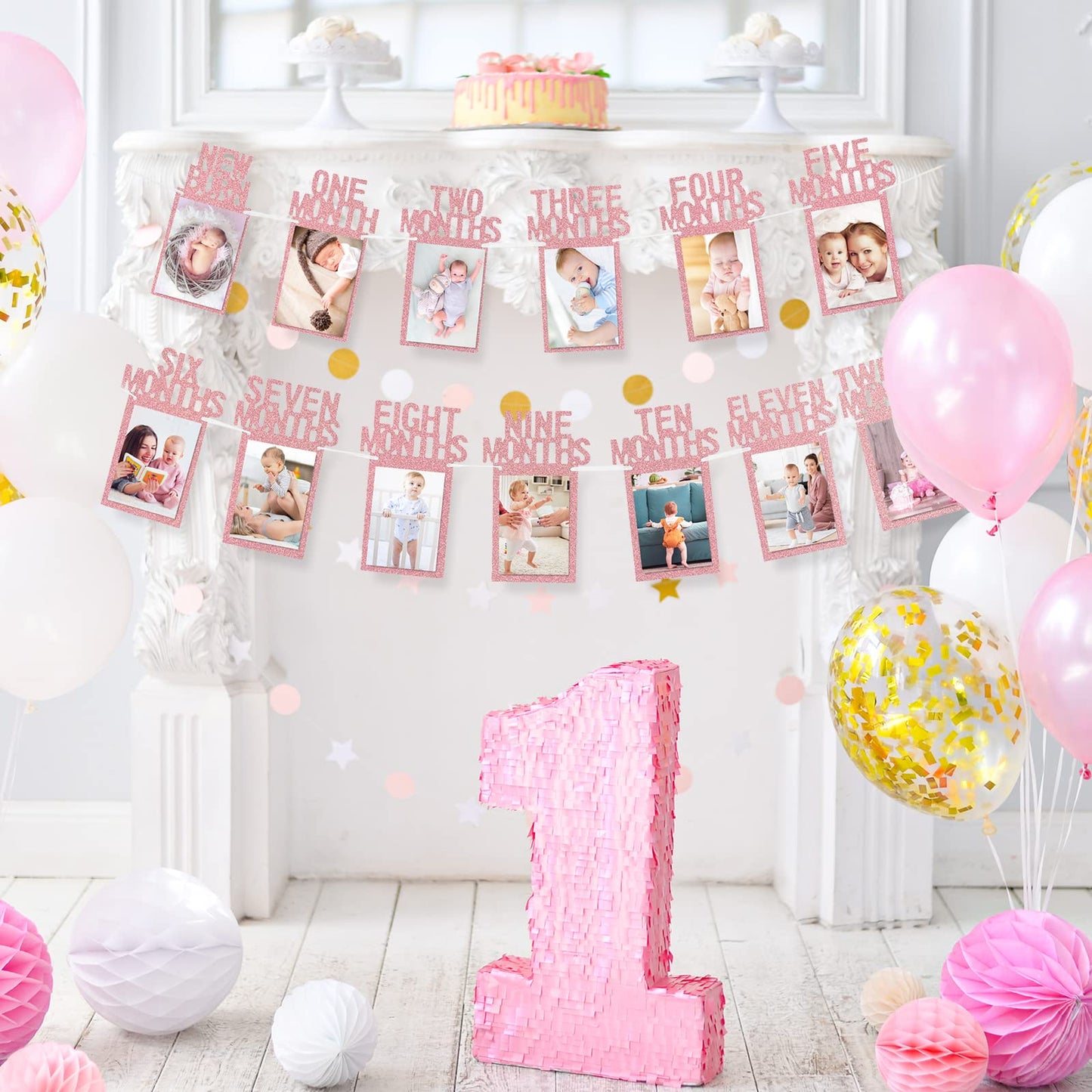 Whaline 1st Birthday Baby Photo Banner for Newborn to 12 Months, Monthly Milestone Photograph