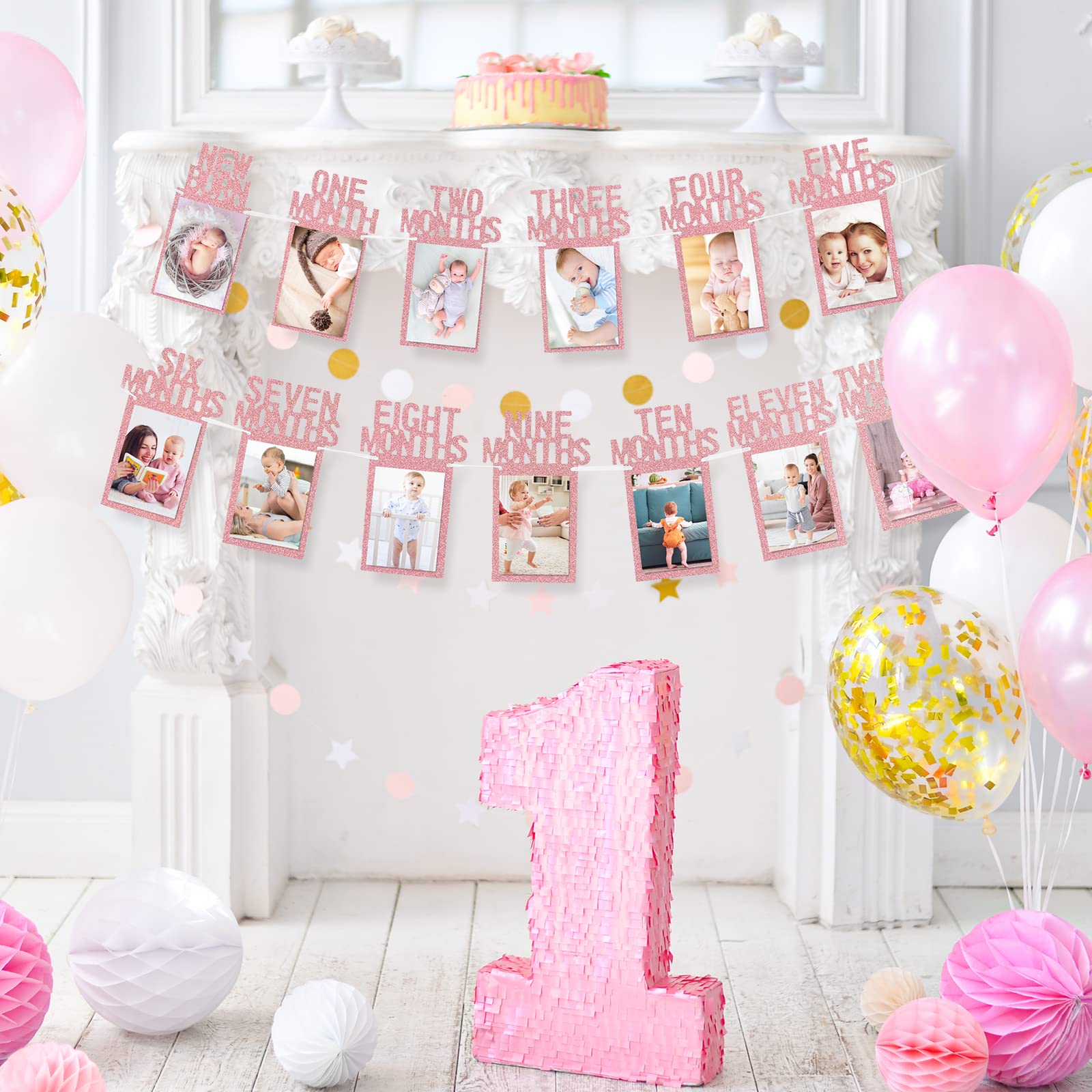 Whaline 1st Birthday Baby Photo Banner for Newborn to 12 Months, Monthly Milestone Photograph